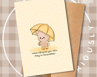 Yellow Umbrella Bear Greeting Card | Illustrated Note Card | Cosy cards | duck wellies