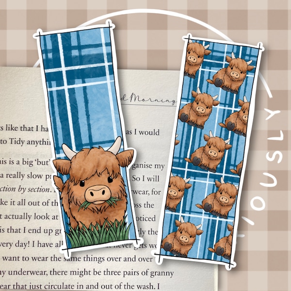 Marque-pages en tartan de vache des Highlands | Marque-pages illustrés | Signets | Marque-pages douillets |