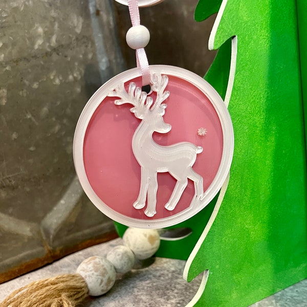 Pink Acrylic Wet-look Reindeer Ornament