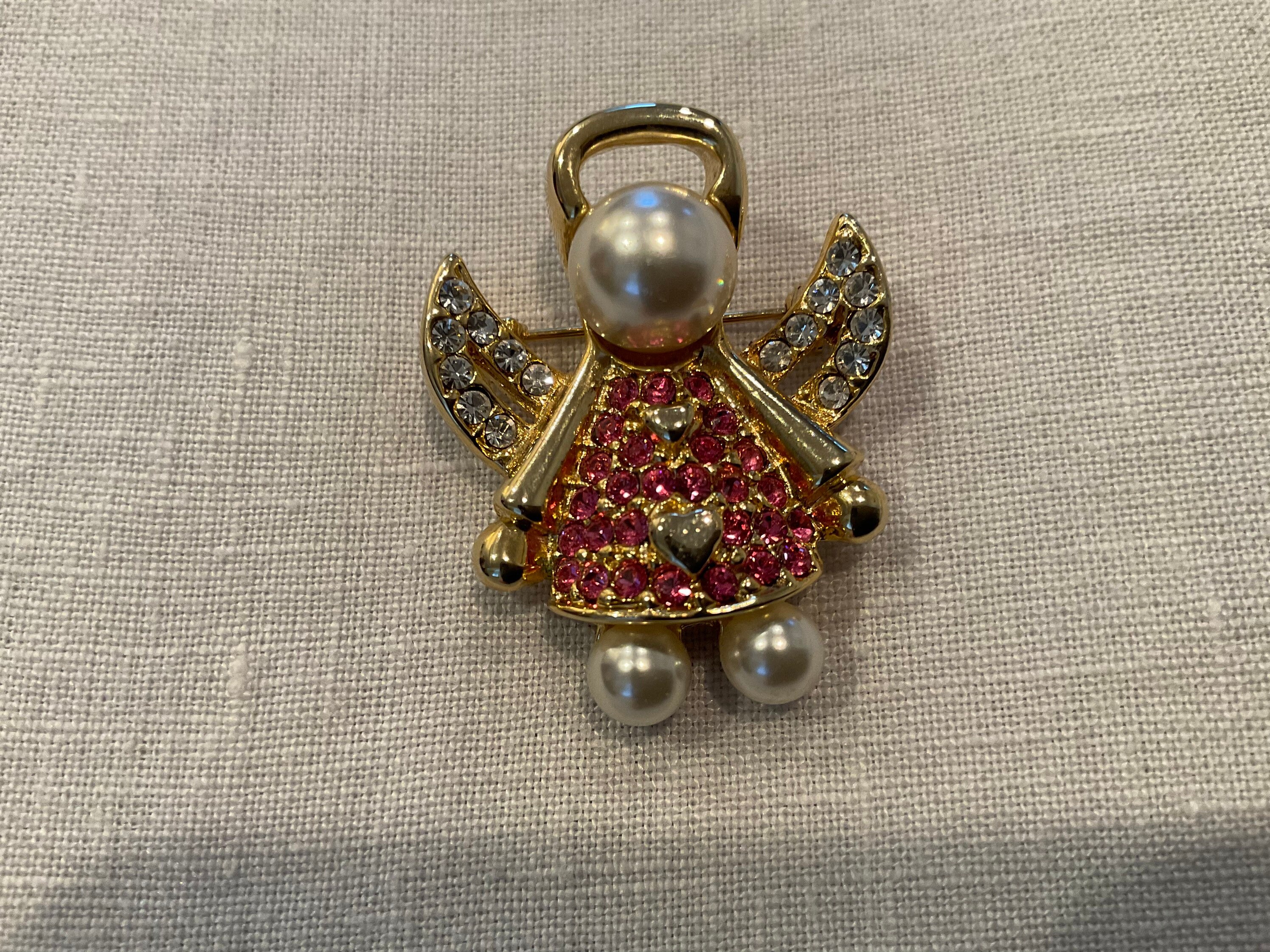 2 Vintage Brooches - Teddy Bear & Angel W/ Rhinestones, Faux Pearls ...