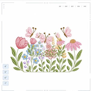 Puede incluir: Diseño floral bordado con una variedad de flores rosas, azules y amarillas, con hojas y tallos verdes. Mariposas rosas están dispersas por todo el diseño. El diseño mide aproximadamente 18 cm de ancho.