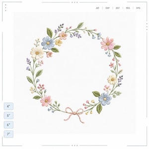 May include: Embroidered floral wreath featuring a variety of colorful flowers, including daisies, pink, blue, and yellow blooms, with green leaves and a pink bow. The design is circular and appears on a white background.