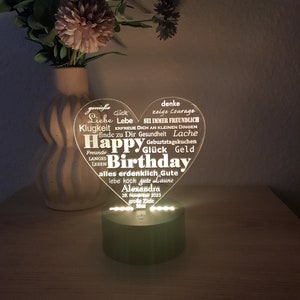 LED Acryllicht "Geburtstagsherz" mit Gravur, personalisiertes Geschenk Geburtstag, Happy Birthday, Geburtstagskarte