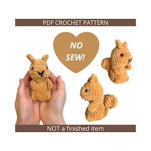 May include: A crochet pattern for making a no-sew squirrel amigurumi toy. The pattern includes instructions for making three different squirrels, each with a different pose. The pattern is available as a PDF download. "No Sew!" is written on a heart-shaped background.