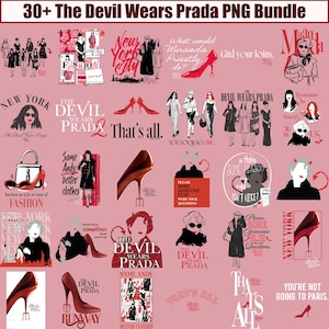 May include: A collection of PNG graphics featuring quotes and illustrations inspired by the movie "The Devil Wears Prada." The images include high heels, fashion sketches, and phrases like "New York City" and "That's all."