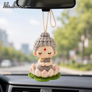 Handmade Crochet Buddha Keychain, Meditating Buddha Car Hanging Charm, Amigurumi Rearview Mirror Ornament, Zen Spiritual Gift, Lotus Decor