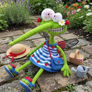 May include: A whimsical, crocheted green insect doll with large, expressive eyes and a wide grin. It wears a blue and white striped dress adorned with strawberries, a matching purse, and blue sandals. Accessories include a straw hat, picnic basket, and watering can.