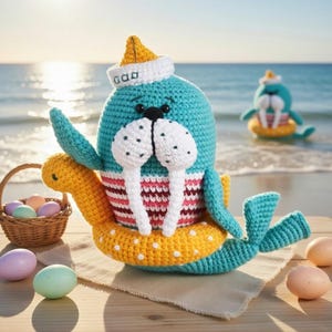 May include: A handmade crochet walrus wearing a sailor hat and a yellow and orange life preserver. The walrus has white tusks and is sitting on a wooden surface near the beach. A basket of Easter eggs is nearby.