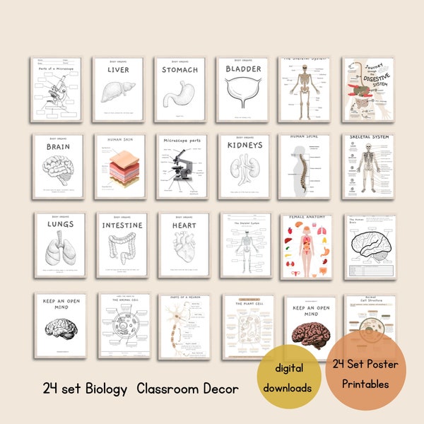 Biologie Klassenzimmer Dekor (24 Set) druckbare Poster & Arbeitsblatt Bundle, perfekt zur Dekoration eines Wissenschafts-, STEM- oder Biologie-Klassenzimmers, Montessori