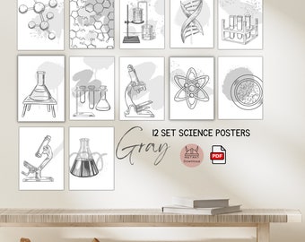 GRIJZE wetenschap klas decor afdrukbare poster set van 12 | Perfect prikborddisplay-decor, muurkunst, biologie of kinderkamers PDF