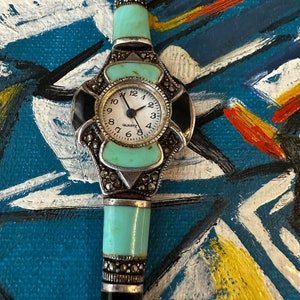 Vintage Ancient Unique Pure Silver 925 Wrist Watch Turquoise Art Deco Marcasite Handmade Edwardian Flapper Quartz Egyptian