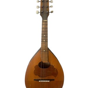 May include: A vintage mandolin with a teardrop-shaped body and a wooden finish. The instrument features a sound hole, strings, and tuning pegs. The mandolin's body is approximately 24 inches long.