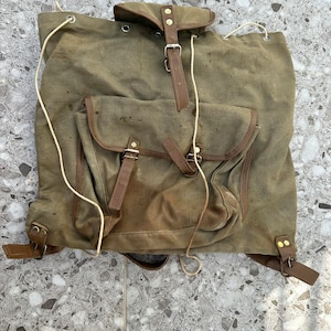 Very Old Genuine Military Bag Haversack Backpack Vintage Canvas Army Canvas Leather Straps Unisex