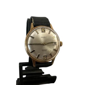 Reloj único y auténtico Madep Date Incabloc chapado en oro, 17 rubíes, automático, para hombre, acero inoxidable antimagnético, piel.