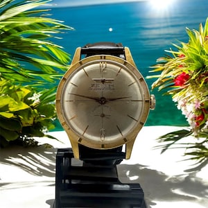 May include: A vintage gold-toned Zenith De Luxe El Primero wristwatch with a black leather band. The watch face is silver with black hands and the text "ANTI-MAGNETIC". The watch is displayed on a black stand against a tropical background.