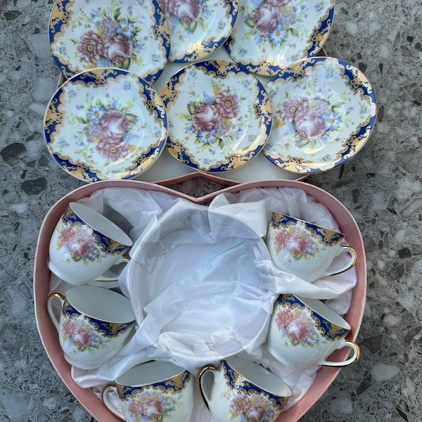 Ensemble de 6 tasses à café et 6 assiettes en porcelaine, or 24 carats, collection unique vintage, Japon, qualité supérieure, dans une boîte en céramique