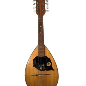 Könnte beinhalten: Eine tropfenförmige Mandoline mit einem hellbraunen Holzkörper, einem dunkelbraunen Griffbrett und acht Stimmwirbeln. Sie verfügt über ein schwarzes Schlagbrett mit Blumenmotiv, einen Steg und einen Metallsaitenhalter an der Basis.