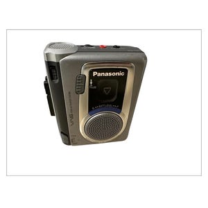 May include: A silver and black Panasonic cassette player with a built-in speaker. The device has a silver face with a black pause button and a battery level indicator. The top has a volume control and a red button.
