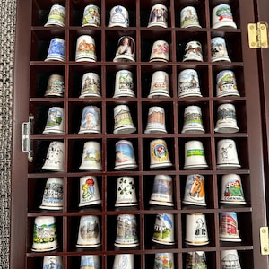 Collection Lot Of 48 Vintage Porcelain Thimbles in Wooden Displey Rack Stand Collectible Great Britain Old Rare Decorative Bone