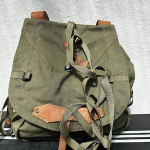 Vintage Military Canvas Army Rucksack Haversack Bag Soldier Equipment Backpack Leather Straps New