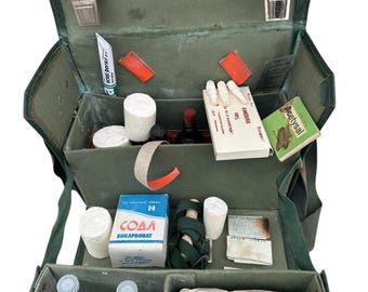Vintage Militär Feldsanitäter Erste Hilfe Komplettset Segeltuchtasche 1940 Heeresarmee Soldat Doktor Grün Rotes Kreuz