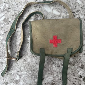 Vintage Military Field Medic First Aid Canvas Medical Rucksack Haversack Shoulder Bag 1940 Army Soldier Doctor Red Cross