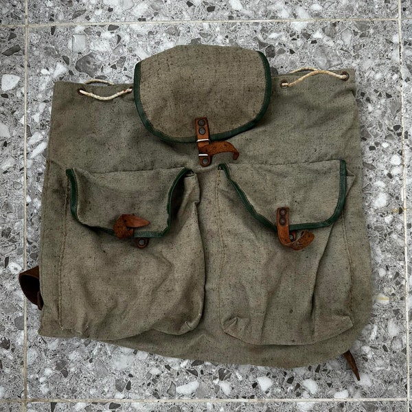 Véritable sac militaire havresac à dos vintage toile armée lanières de cuir 1965