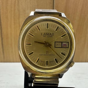 Vintage Unique Lamar De Luxe Date Swiss Made Automatic Mechanical Watch Extra Gold Plated Datomatic Antimagnetic Stainless Steel