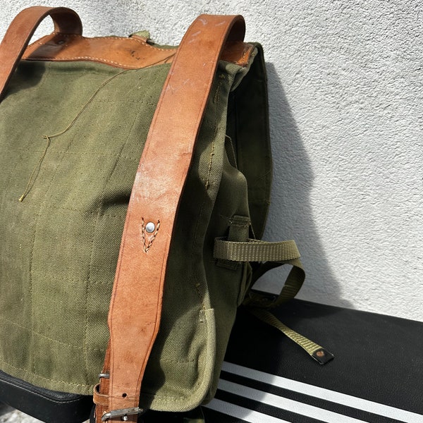 Vintage Military Canvas Army Rucksack Haversack Bag Soldier Equipment Backpack Leather Straps New