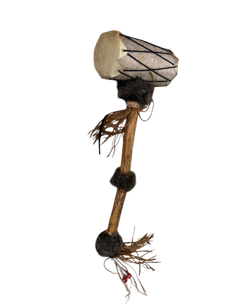 Pomo Instruments Vintage Monacan Indian Native Tom Pow Wow Drum Shaker Fur Feather ...