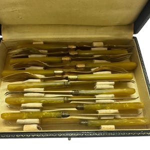 Könnte beinhalten: Ein Vintage-Besteckset in einer schwarzen Box mit cremefarbenem Innenraum. Das Set enthält Gabeln, Messer und Löffel mit goldfarbenem Metall und olivgrünen Griffen. Die Box ist geöffnet und zeigt das ordentlich angeordnete Besteck.