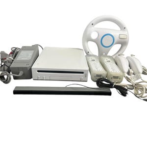Game Nintendo Wii RVL-001 Console Bundle TV Game White Power Adapter, AV cable,  Camera Charger, Sensor Bar, 2 Remotes, 2 Nunchuks and Wheel