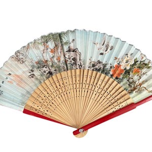 Vintage Large Handmade Painted Silk Wall Fan 1950s Asian Wall Decor Folding Bamboo Silk & Paper Fan Art Painting Unique Flowers