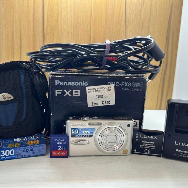 Panasonic Lumix Dmc-FX8 Digital Camera Ultracompact 5MP 3X Optical Zoom + 2GB Memory card, Battery Charger, Case, Cables, Battery and Box