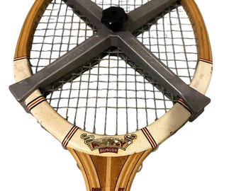 Vintage Wooden Antique Tennis Racquet Dunlop Made in England Very Old Retro Collectible Fans 1970 Decor With Metal Holder