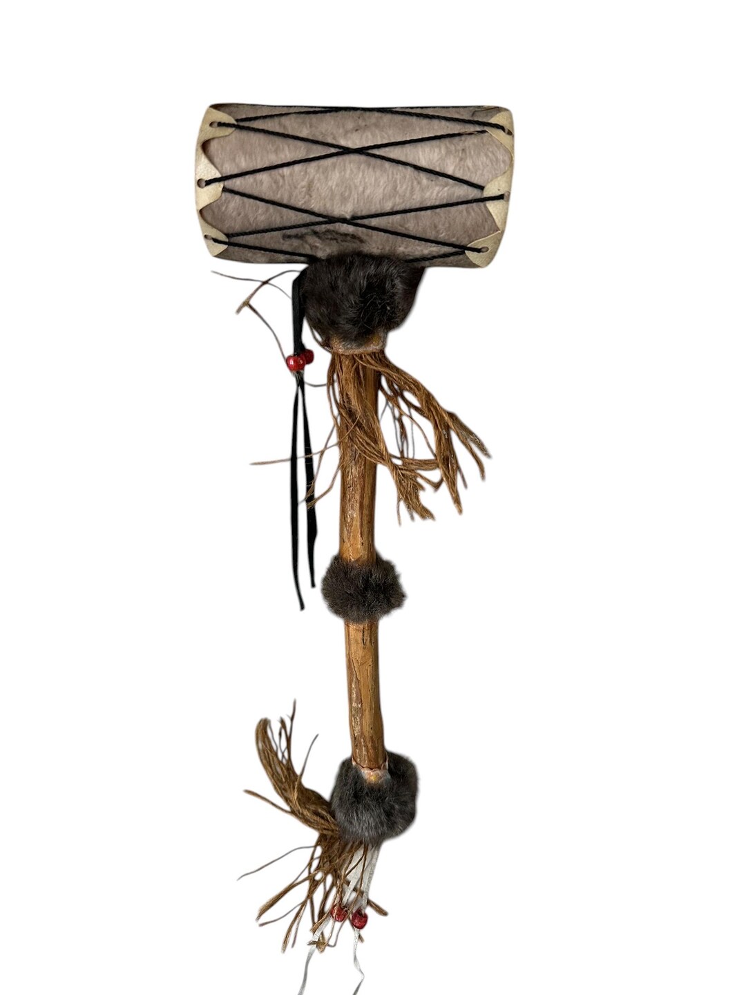 Pomo Instruments Vintage Monacan Indian Native Tom Pow Wow Drum Shaker Fur Feather ...
