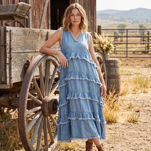 blue cowgirl dress Cowgirl Blues Cotton Dress with Pockets / Matching Bow 10/12