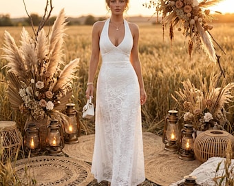 Boho Spitze Midi Brautkleid | Neckholder Open Back Brautkleid | Romantisches Boho Brautkleid für Strand und standesamtliche Trauung