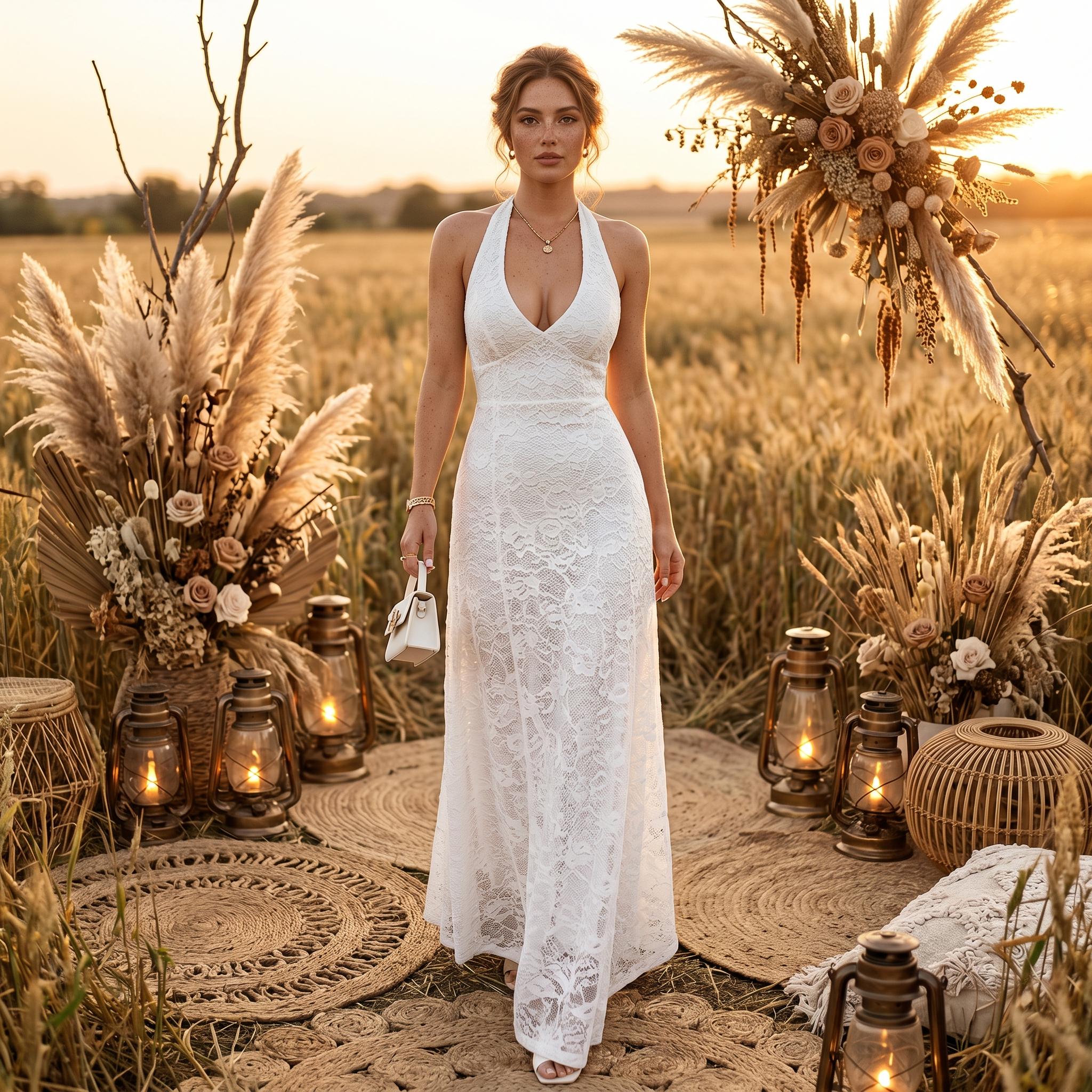 boho civil wedding dress Midi Wedding Dress With Long Sleeves, V Neck Bridal Gown for Civil Ceremony