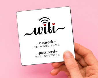 May include: White card with a black wifi symbol and the word "wiki" written in cursive. The text "network" and "password" are written below the symbol. Two small red hearts are above the word "wiki".