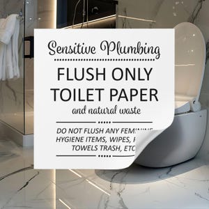 Può includere: Un cartello bianco in un bagno con la scritta "Sensitive Plumbing" e le istruzioni per scaricare solo carta igienica e rifiuti naturali. Il cartello avverte anche di non scaricare assorbenti, salviette e asciugamani.