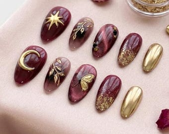 Handmade Burgundy & Gold Press On Nails, 3D Celestial Moon Star Fake Nails