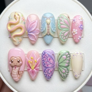 Paznokcie 3D pastelowe do naprasowania | Sztuczne tipsy żelowe w kształcie motyla w kształcie pytona królewskiego | Fantazyjna kokietka Fairycore Custom