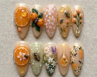 Honey Citrus Press On Nails | 3D Orange Blossom & Lavender Luxury Bees Nails | Summer Fruit