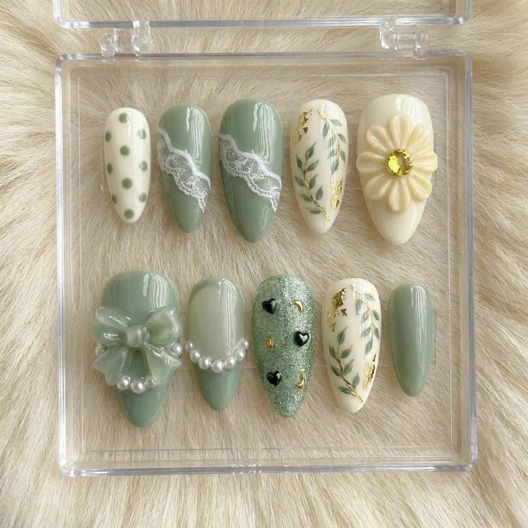 Cottagecore Sage Green Press on Nails | 3D Bow Pearls & Botanical Leaf ...