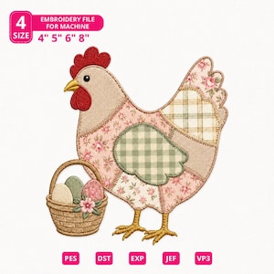 May include: An embroidery file for machine featuring a patchwork chicken with a red comb and yellow feet. The chicken is holding a basket with Easter eggs. The sizes are 4", 5", 6", and 8".
