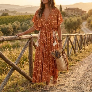 boho rayon dresses Green Floral Rayon Maxi Dress: Boho Chic Wrap Dress