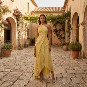 May include: A yellow, asymmetrical, pleated dress with ruffle detailing. The dress has a one-shoulder design and a high-low hemline. The model is wearing the dress with strappy heels and a small clutch. The background is a stone-paved courtyard.