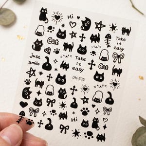Black Cat Nail Stickers, Goth Kawaii Art, Grunge Emo Paw Print Decals (1 Sheet)