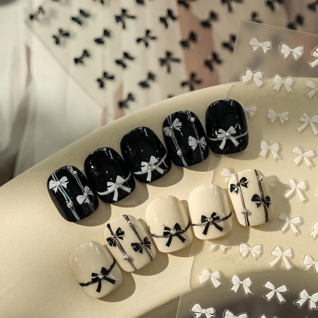 3D Bow Nail Stickers, Black White Ribbon Decals, Coquette Balletcore ...
